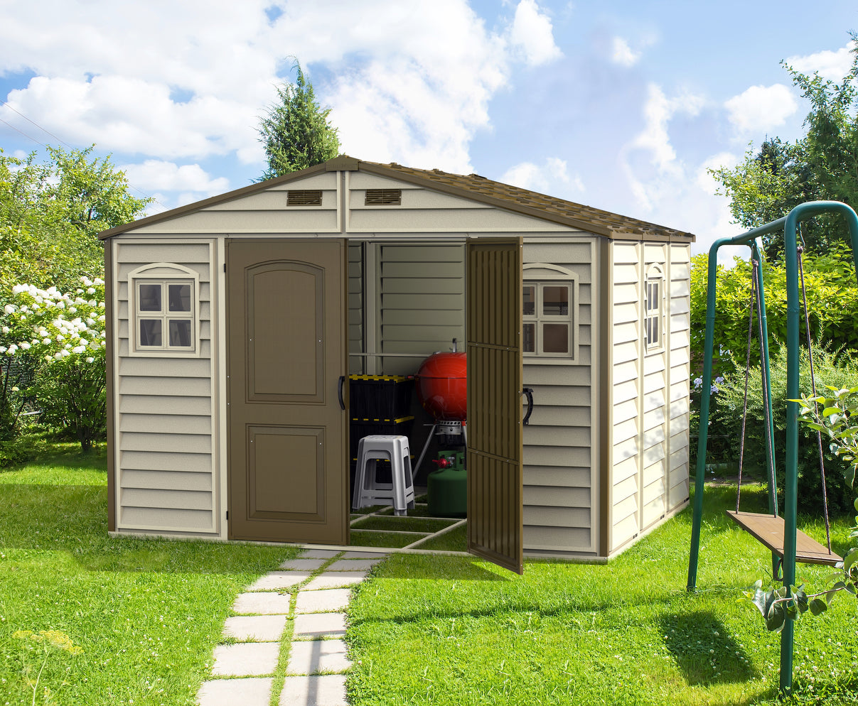 Duramax Woodside 3.19 x 2.40 m plastic storage shed to store any equipment and tools.