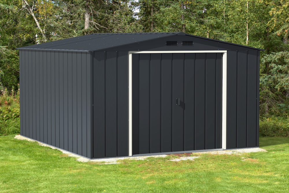 ECO metal shed for outdoor storage, 3.12 x 3.54 m in anthracite with off-white trimmings.