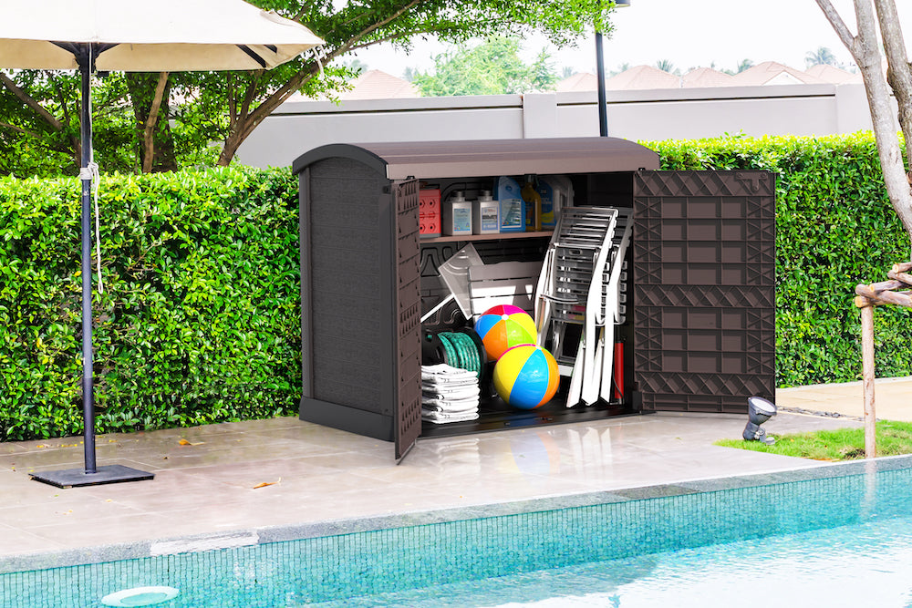 Brown garden storage shed, 1200L can store any folded furniture and decorations