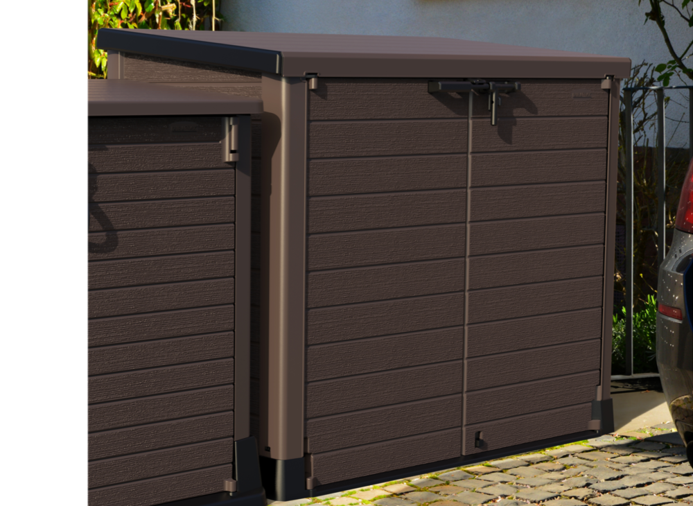 StoreAway with flat lid, ensures a lot of storage space for gardening tools, bins and any equipment.