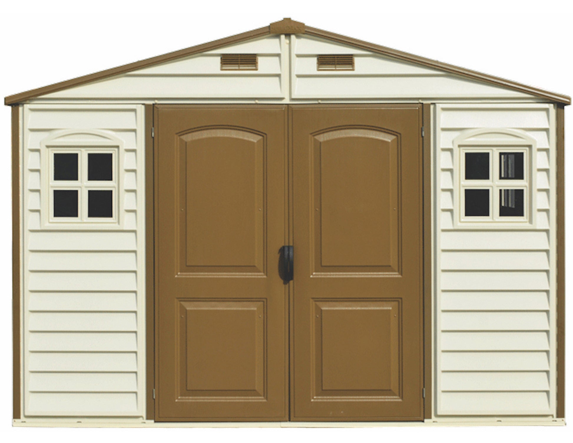 Ivory and brown plastic storage shed, 3.19 x 2.40 m with wide double entry doors and 2 windows.