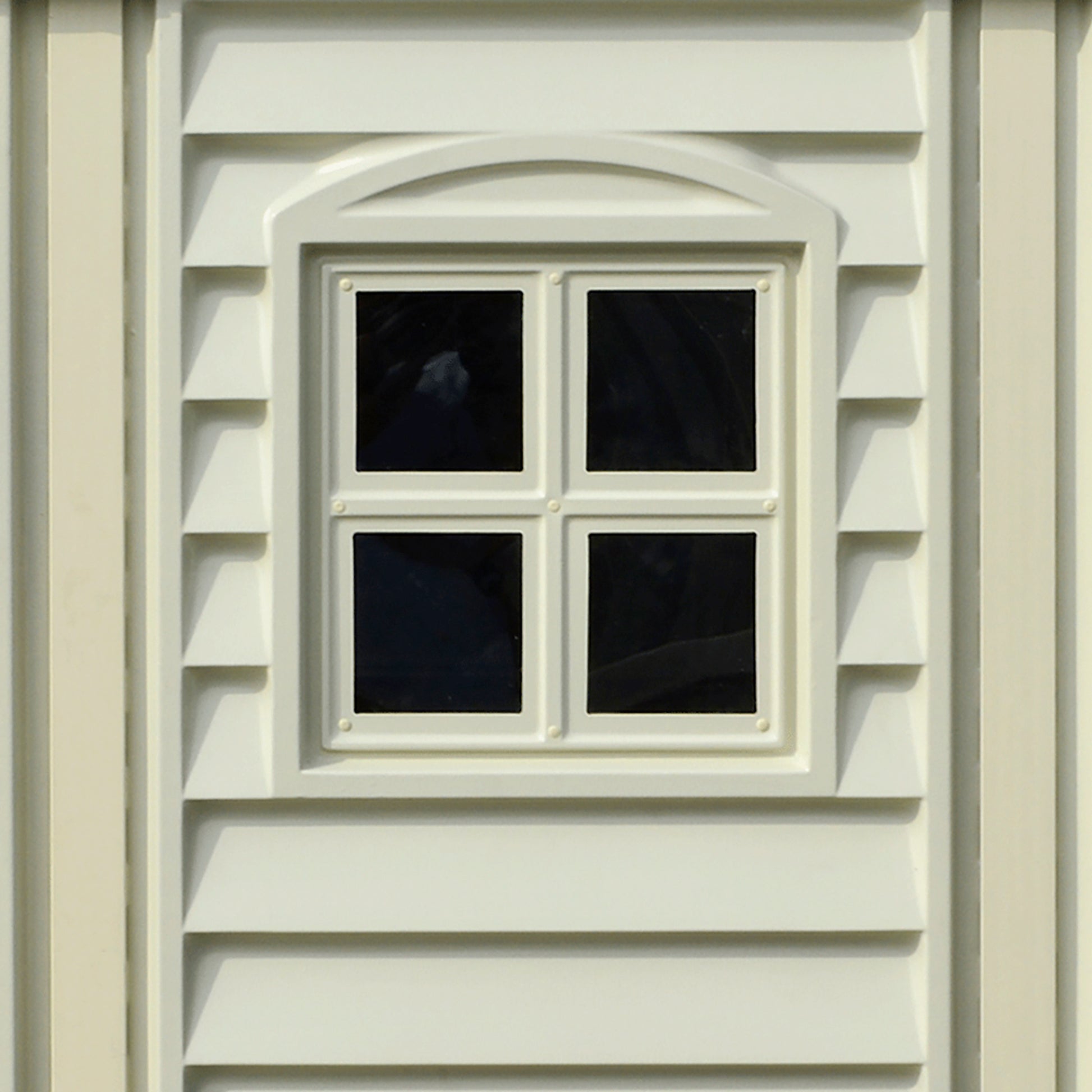 Plastis storage shed, 3.19 x 2.40 m with side window for extra interior light and energy efficiency.