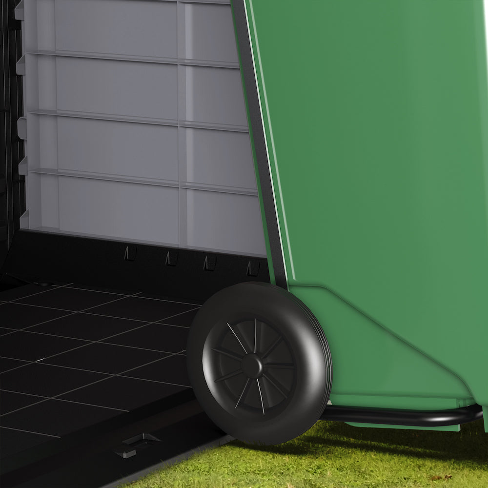 Duramax 1200 L, garden storage shed, with built-in convenience for garbage bins to slide in the shed.