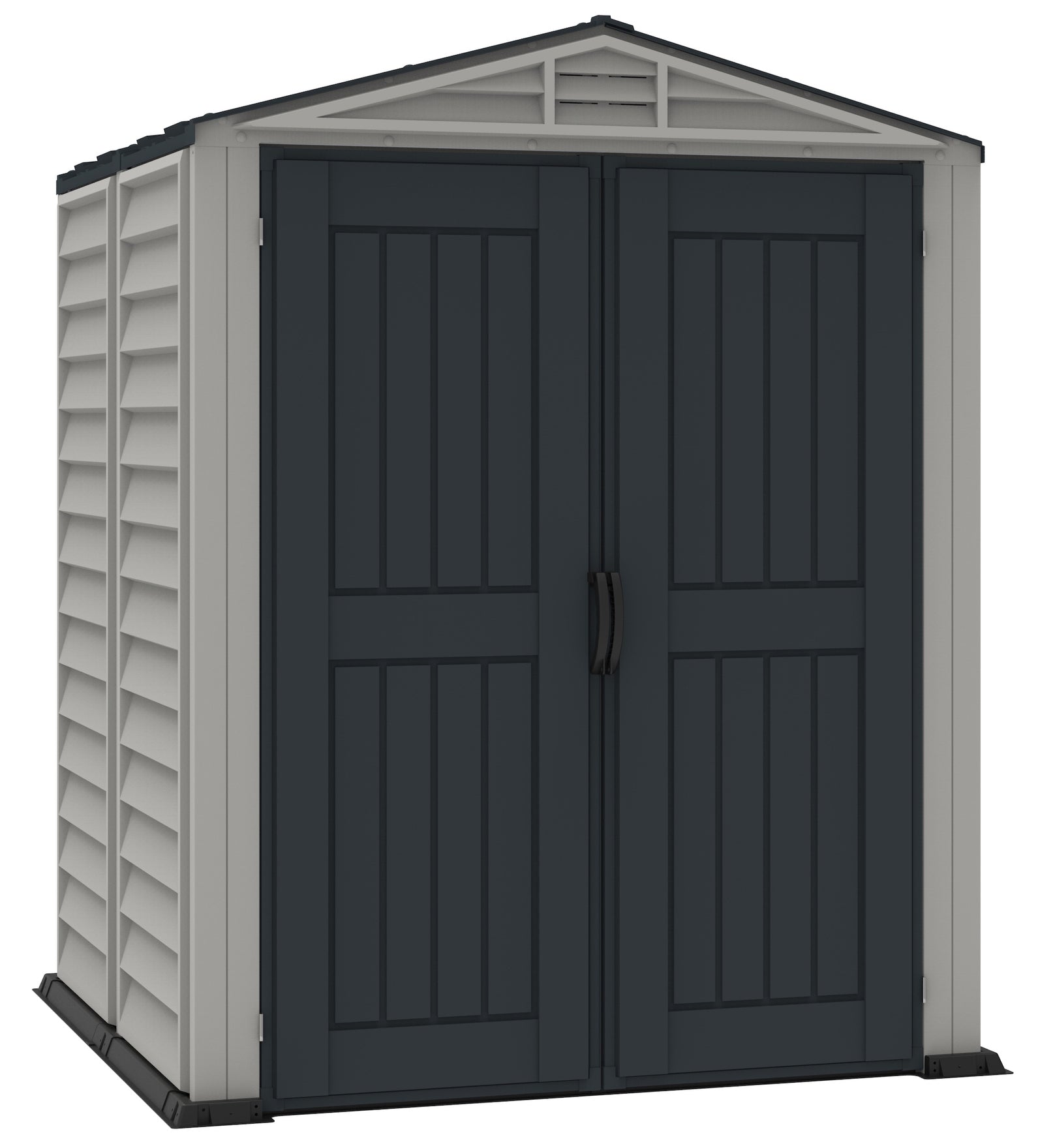 Plastic storage shed in black and grey, 1.71 x 1.71 m built to last through all weather conditions with strong steel structure.