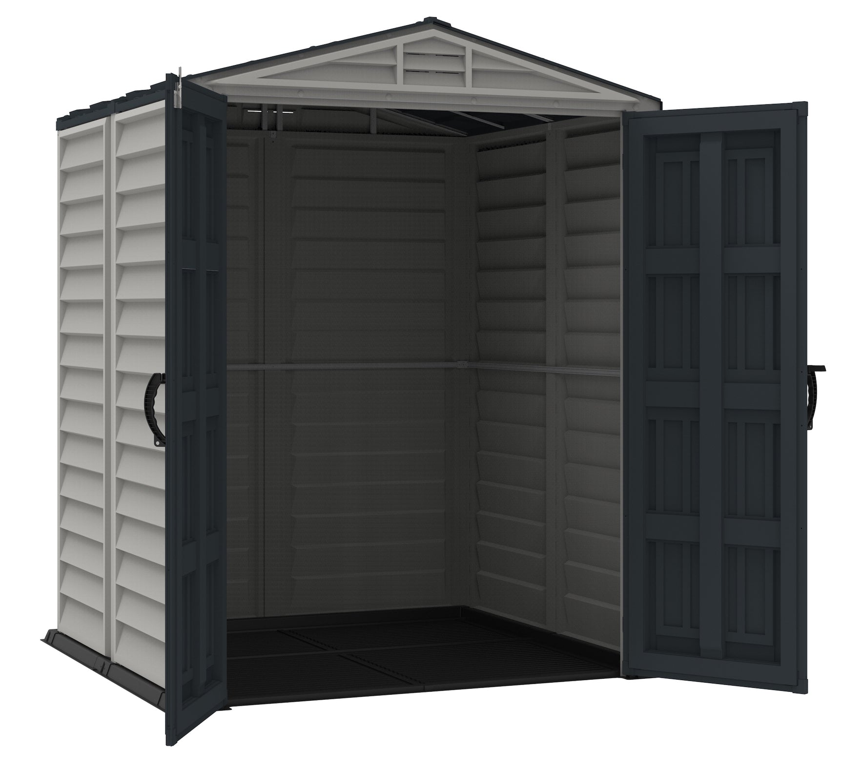 Black and grey plastic storage shed, 1.71 x 1.71 m with galvanized steel interior beams and solid steel structure to store any heavy equipment.