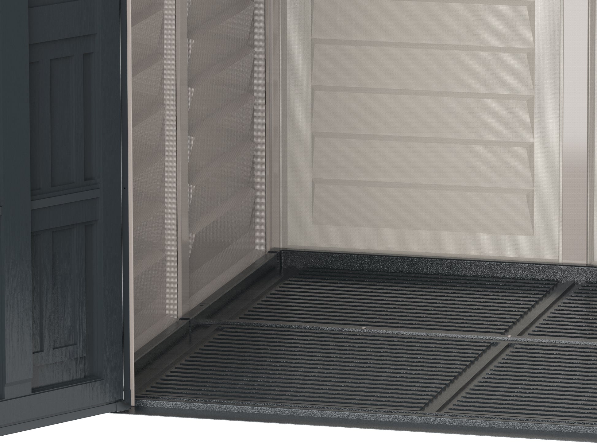 Plastic storage shed, 1.71 x1.71 m with plastic floor and metal wall collumns to hang shelves and store gardening tools.