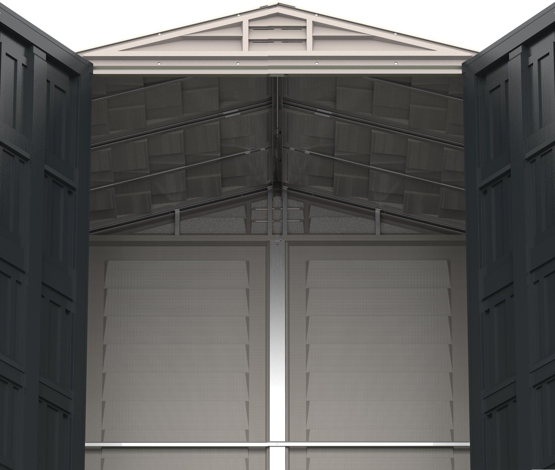 Black and Grey plastic storage shed with steel structure and steel interior beams to support heavy equipment.