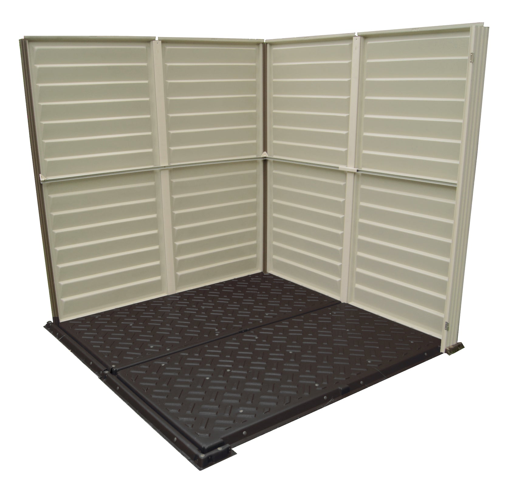 Duramax plastic shed for patio, interior steel structure and plastic floor for all heavy equipment.