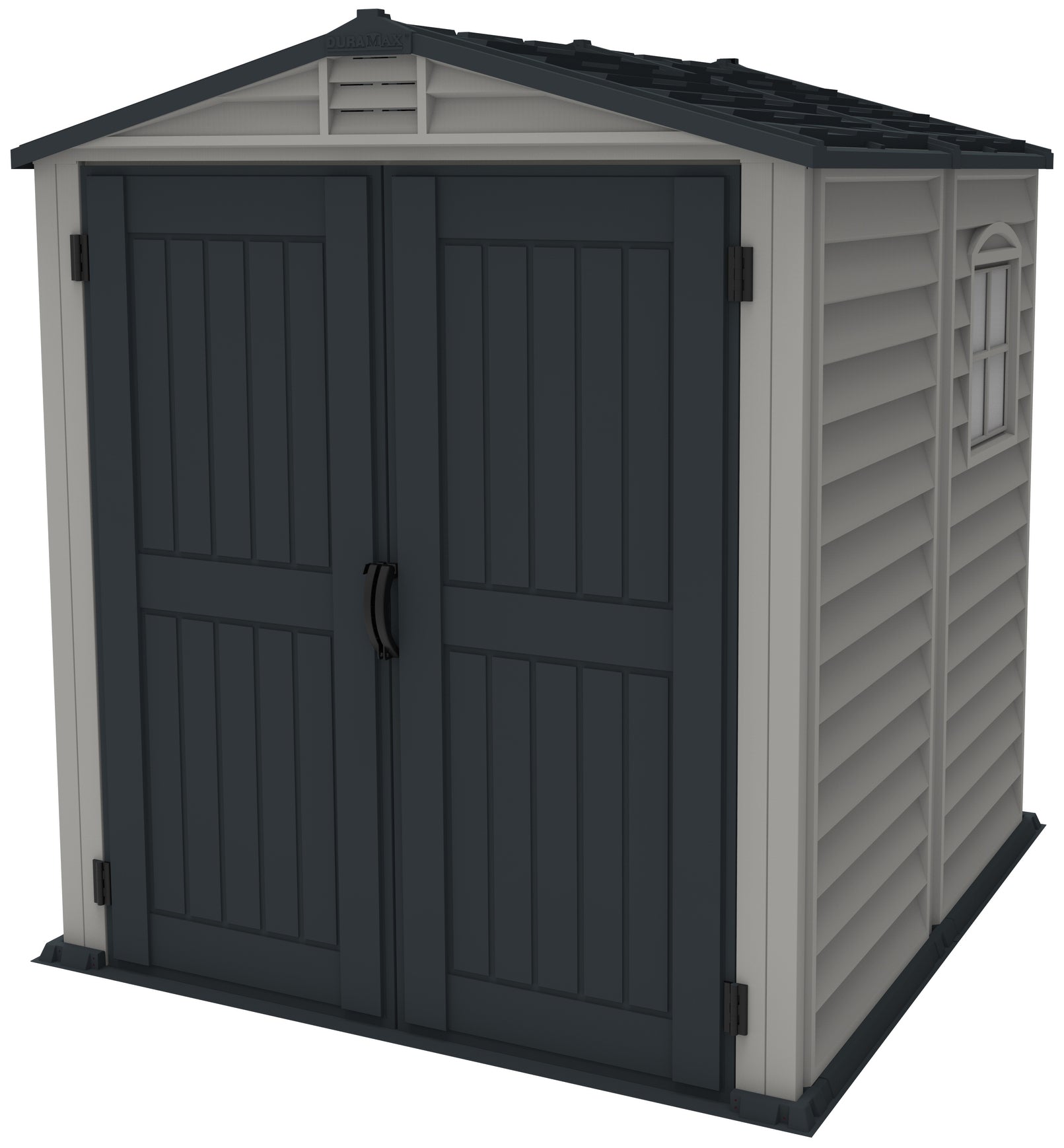 Plastic garden shed, 1.91 x 1.91 m with double doors and side window for interior light.
