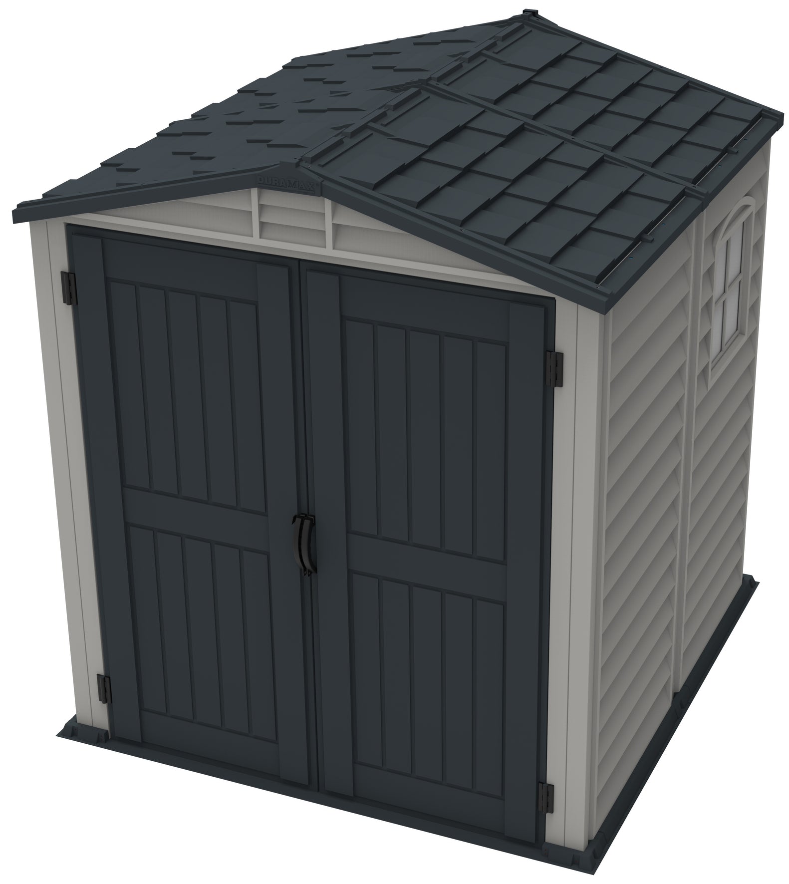 Plastic garden shed for patio, 1.91 x 1.91 m with strong metal structure and plastic floor to withstand any weather conditions.