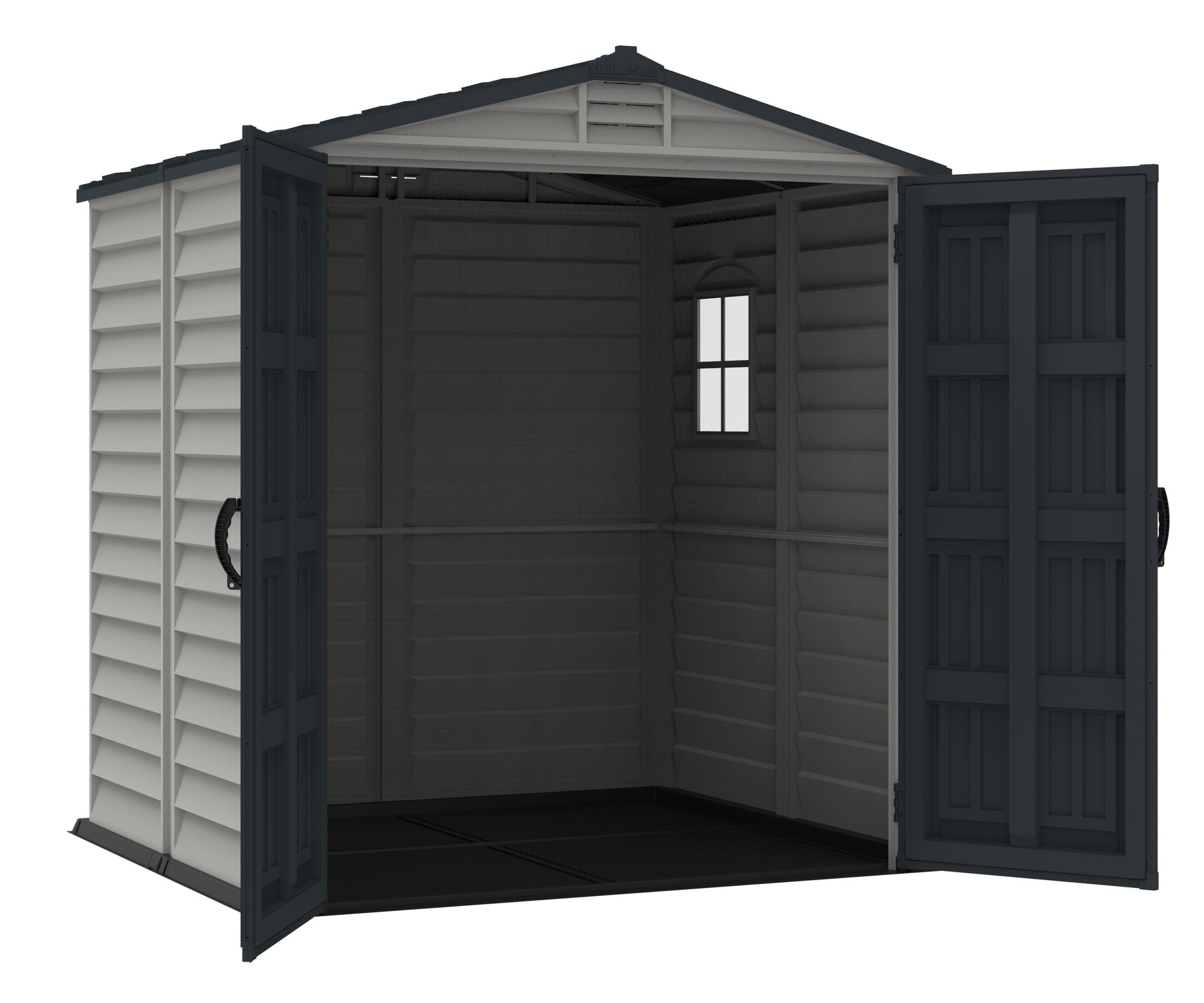 Plastic garden shed for backyard, big and wide double doors that open fully, and side window for interior light.