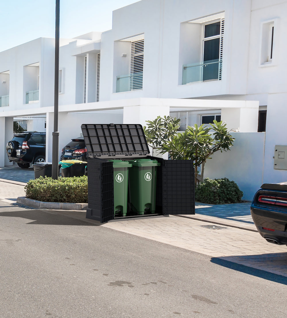 Dark grey garbage container, 850 L can fit up to two garbage cans.