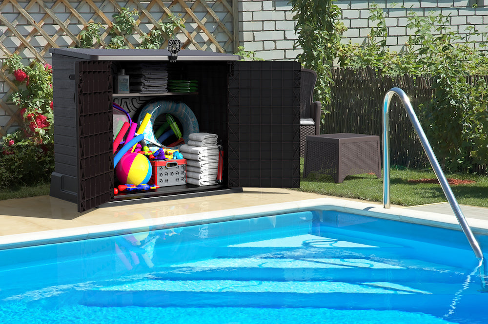 Brown garden storage shed for garden, ideal for storing summer decorations and accessories.