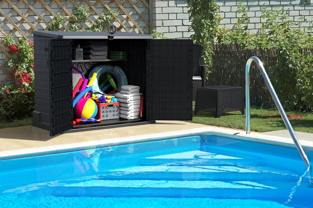 Dark grey garden storage shed for garden, ideal for storing summer decorations and accessories.