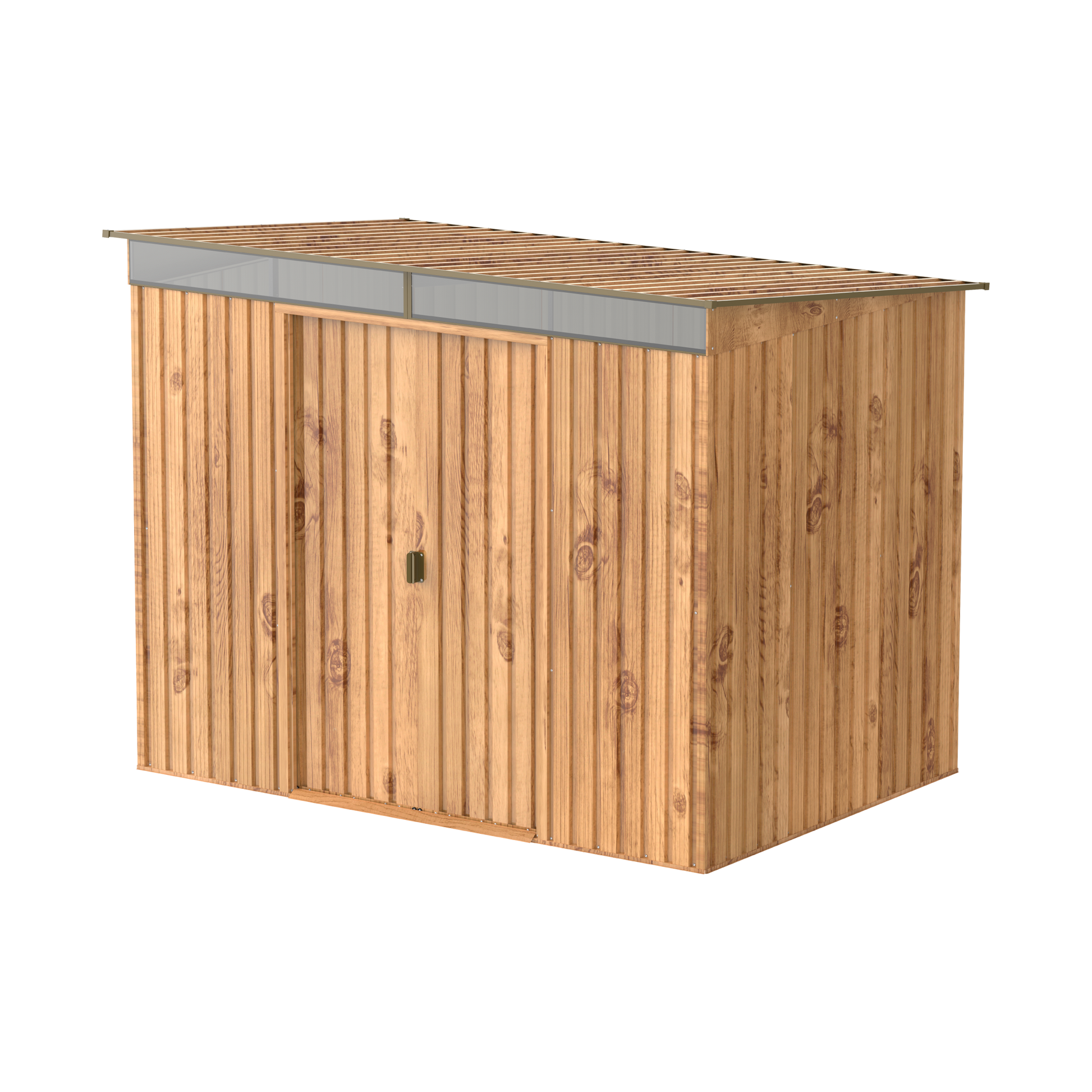 Woodgrain shed,2.52 x 1.74 m for yard with built in skylight for interior light, ideal for storing most gardening tools.