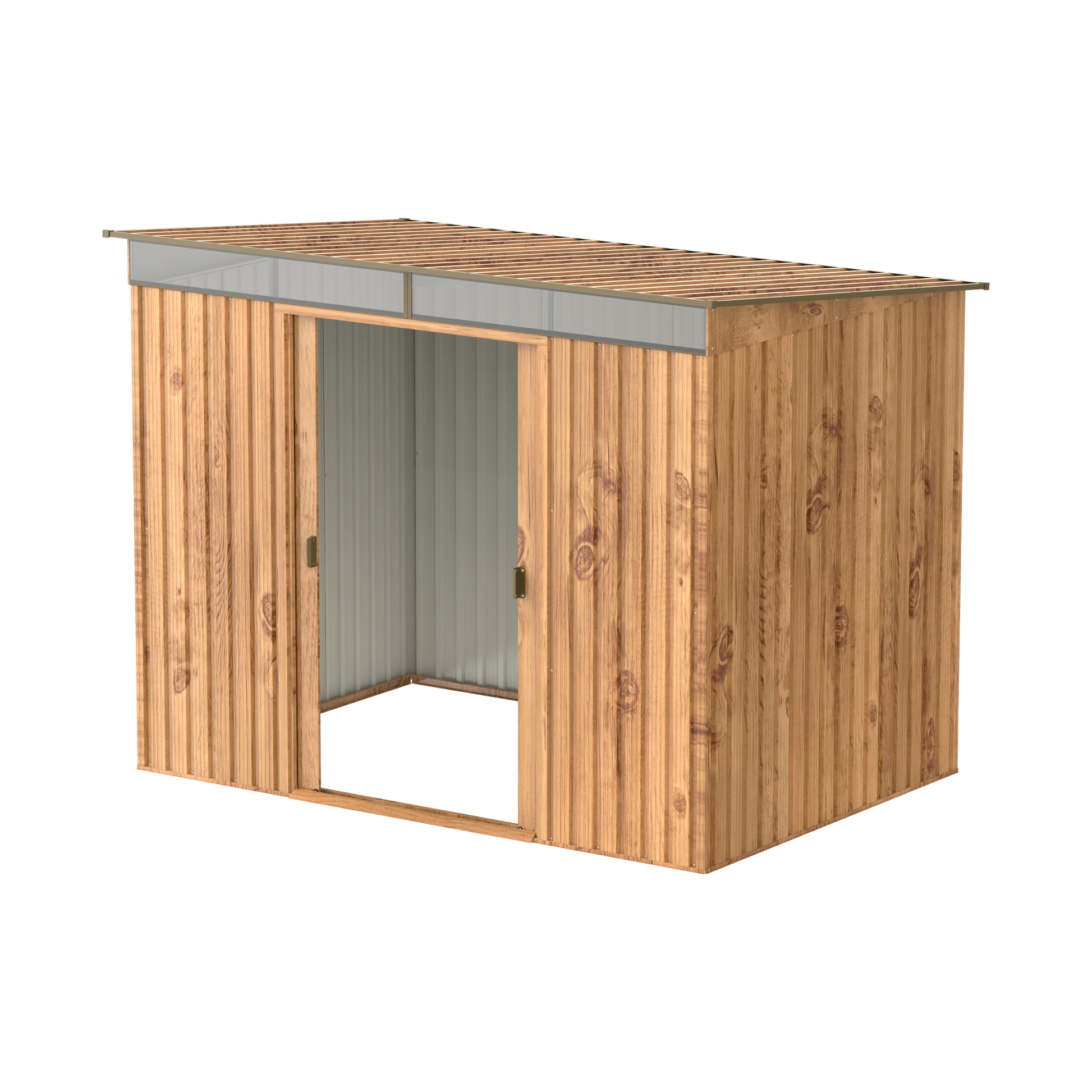 Woodgrain shed for patio with skylight, 2.52 x 1.74 and strong metal pent roof that can handle a big amount of snow.