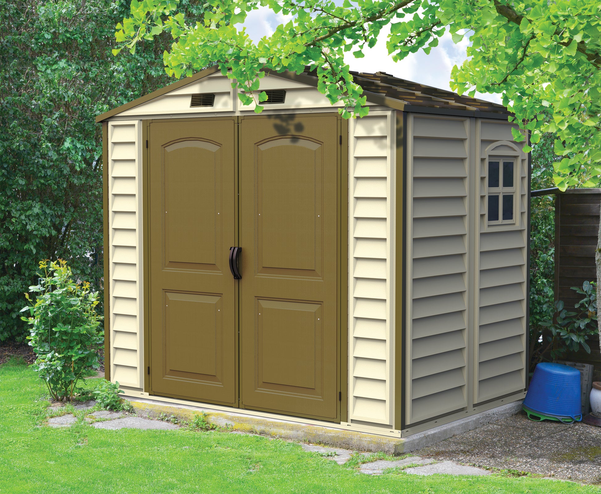 Plastic storage shed for patio, 2.40 x 1.61 m ideal for extra storage space with great design.