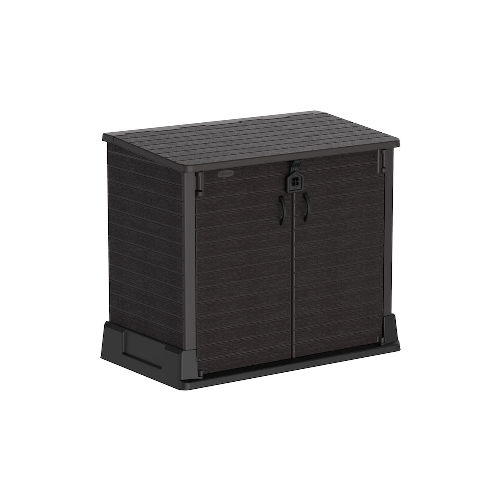 Brown plastic garden storage enhancing with top entry and broad doors for outdoor use.
