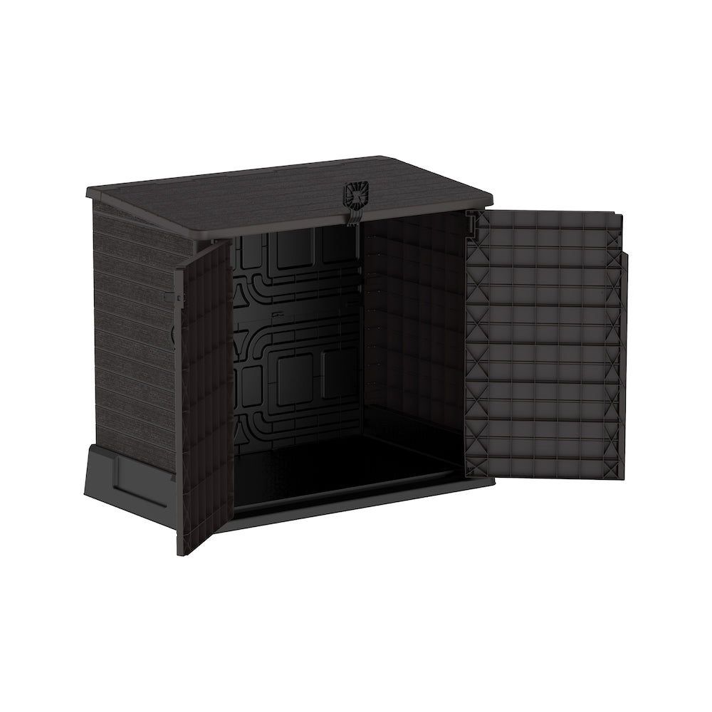 Brown plastic storage shed for yard with front entry doors for easy access.