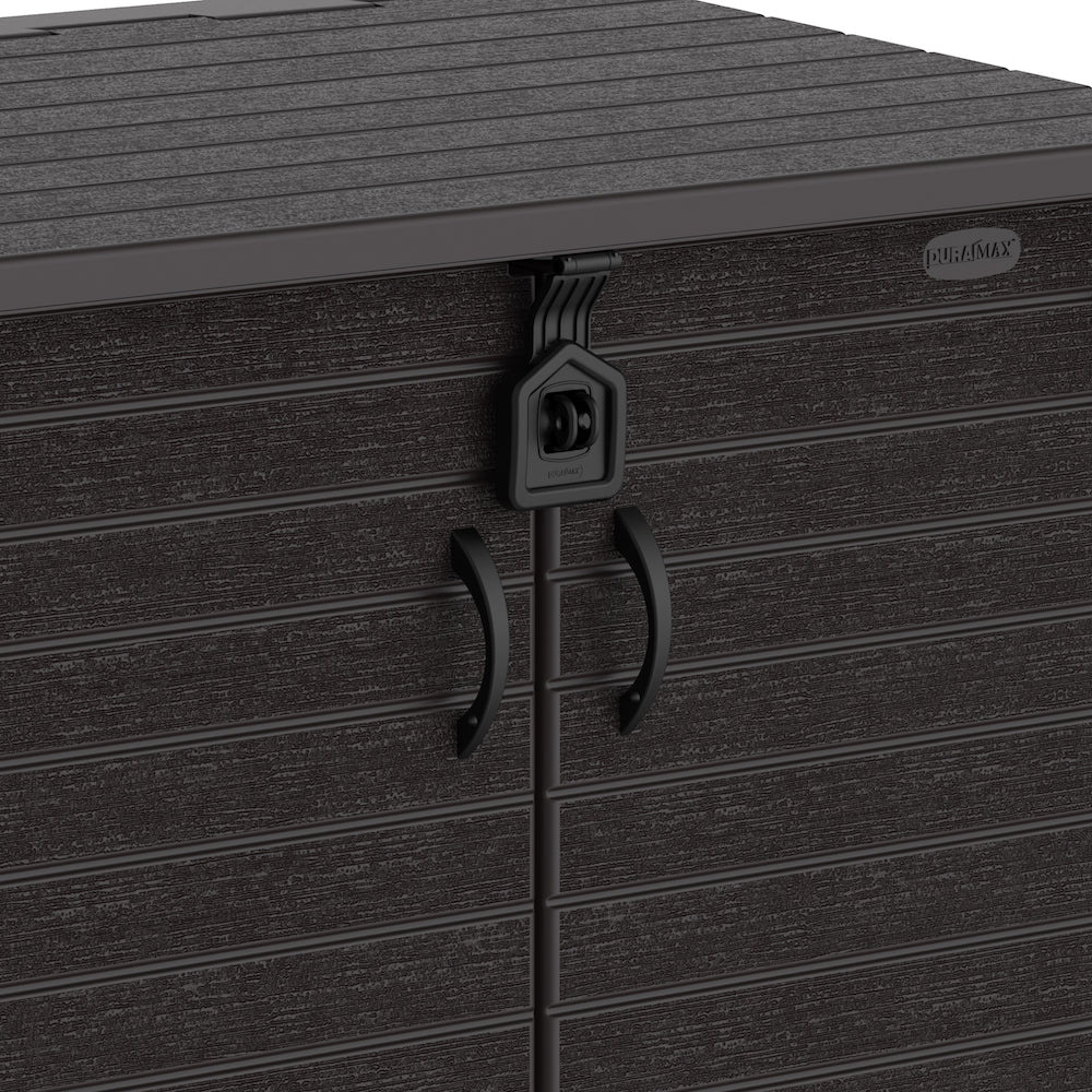 Duramax plastic garden storage shed, handles on wide door entry.