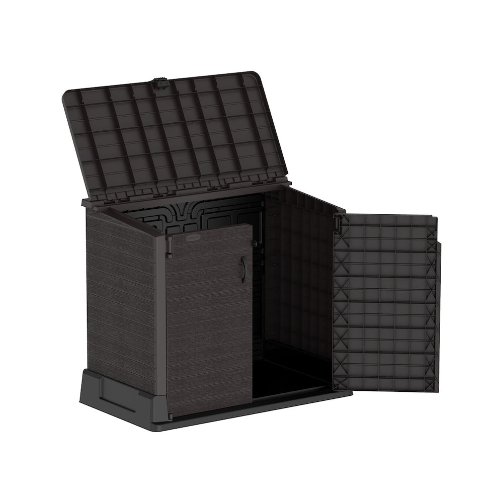 Brown plastic storage shed for yard with front and top entry doors for easy access for storing equipment.