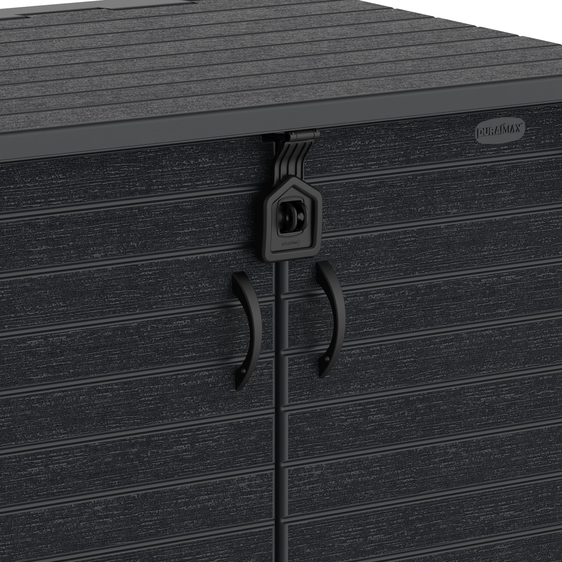 Duramax plastic garden storage shed, handles on wide door entry.