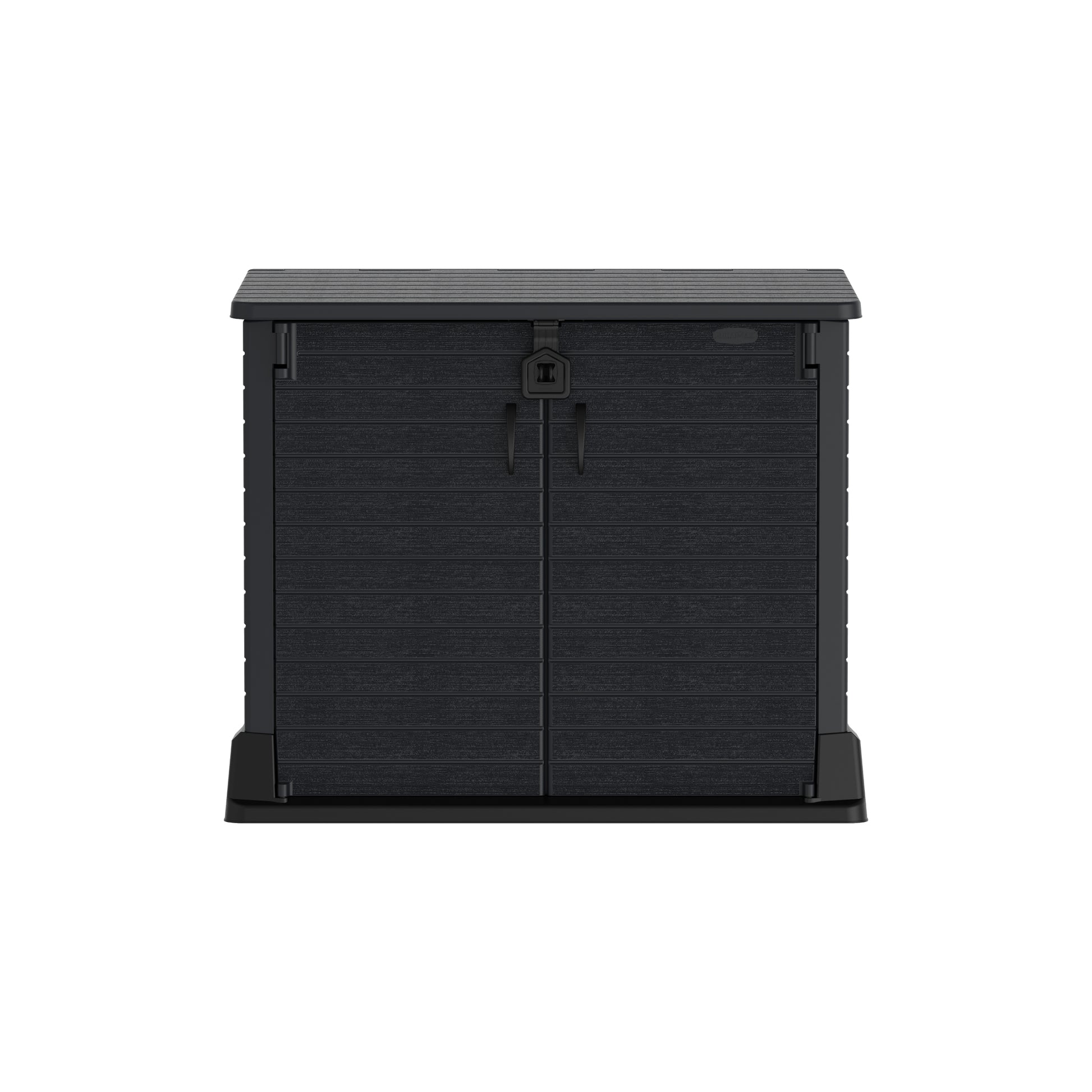 Dark grey, 850 L plastic garden storage shed, for outdoor tools, BBQ's and garbage bins.