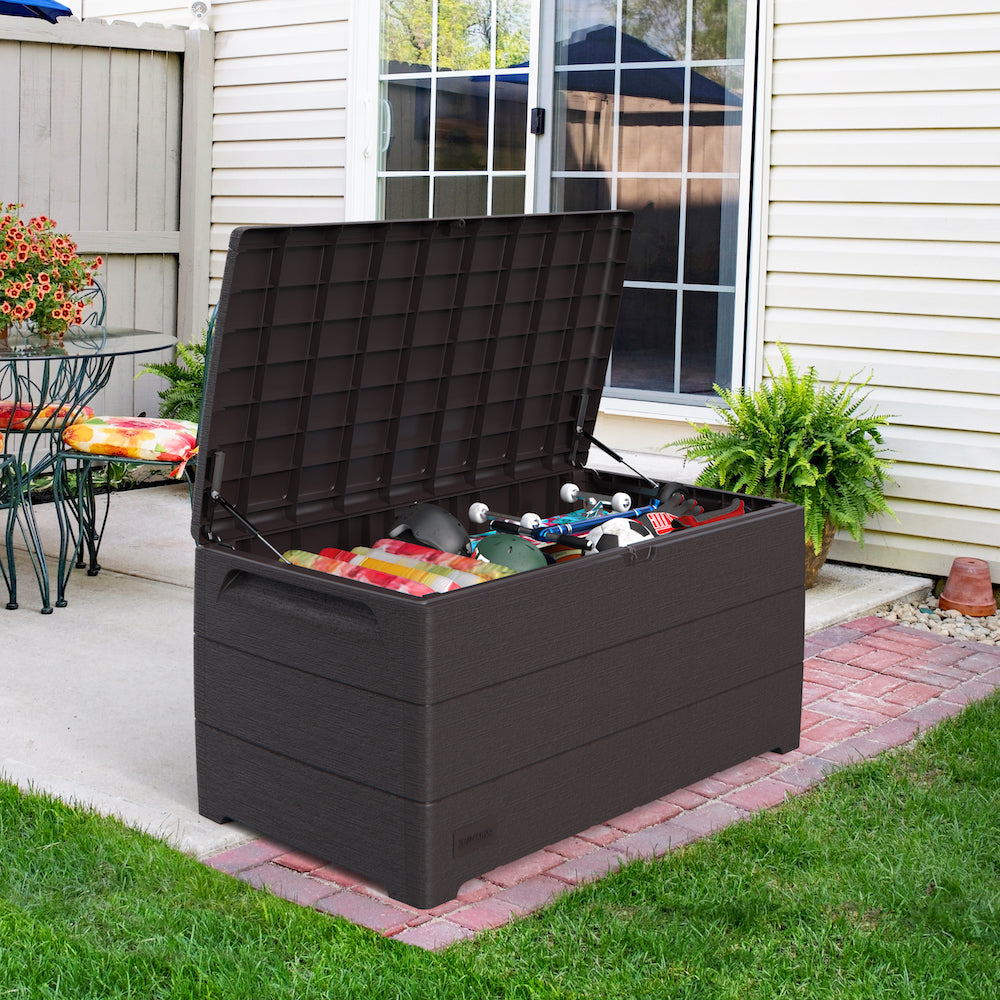 Plastic brown storage box for patio, can store many equipment or even act as a bench for the garden.