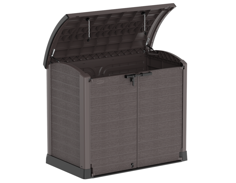 Brown plastic garden shed for patio, roof opening.