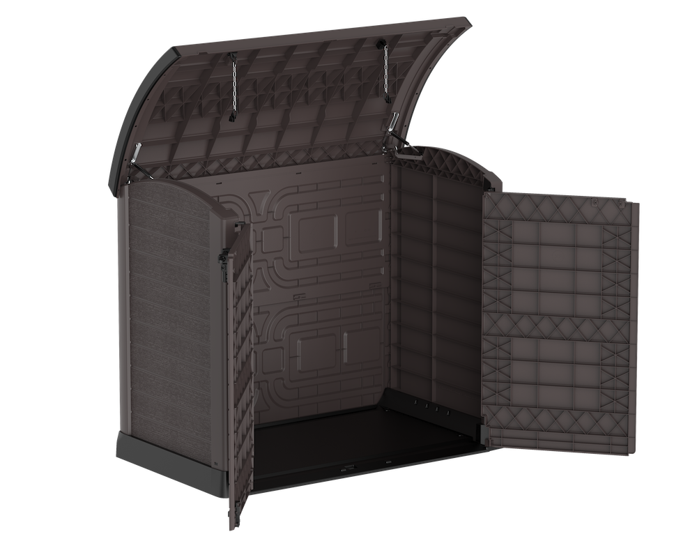 Brown patio storage shed with double doors and a roof access.