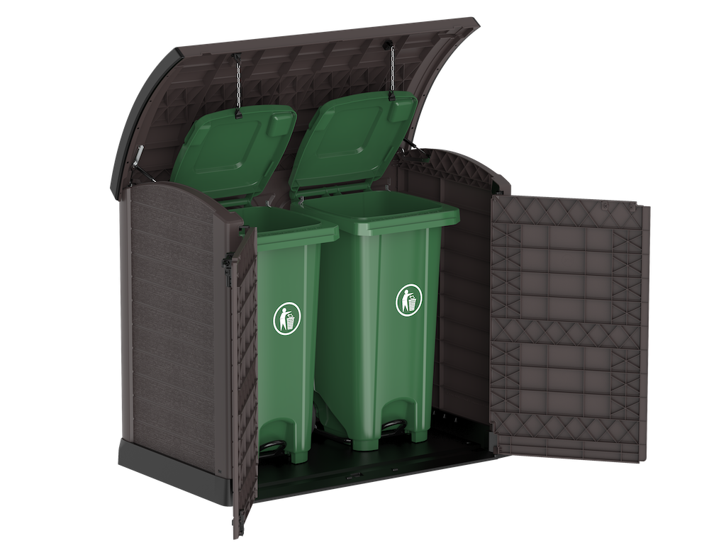 Brown patio storage shed with double doors and a roof access holding up to two bins