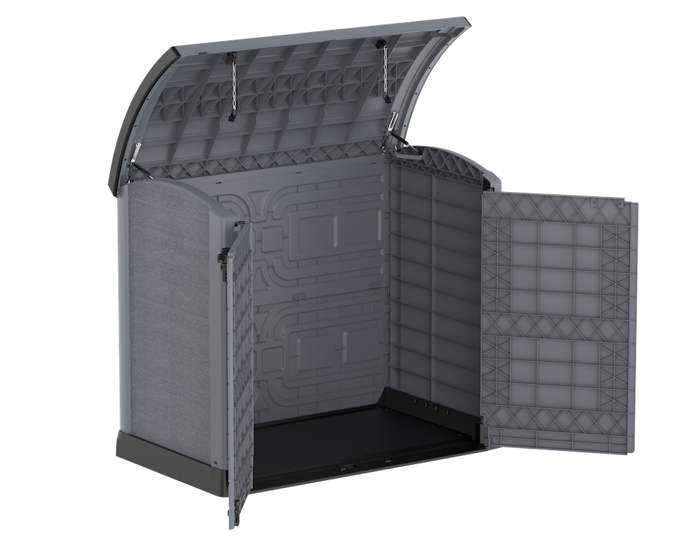 Grey patio storage shed with double doors and a roof access.