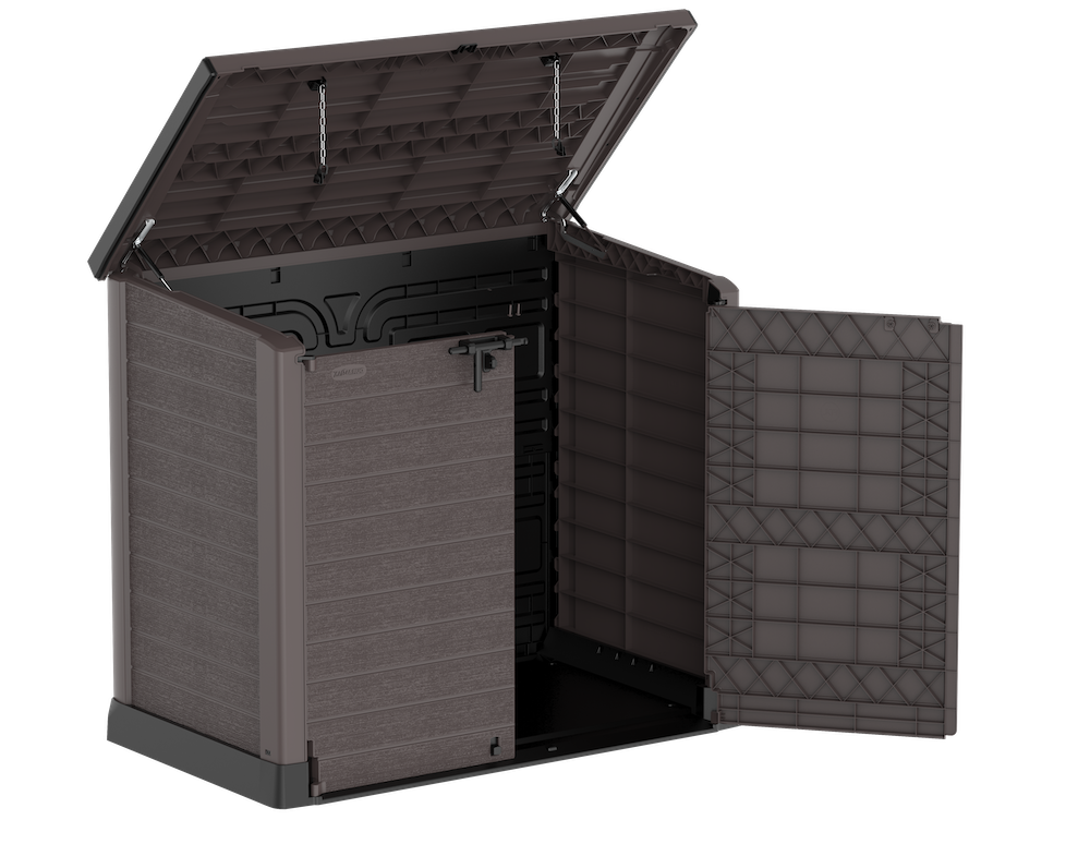 Garbage box shed in dark brown, 1200L, front opening half open.