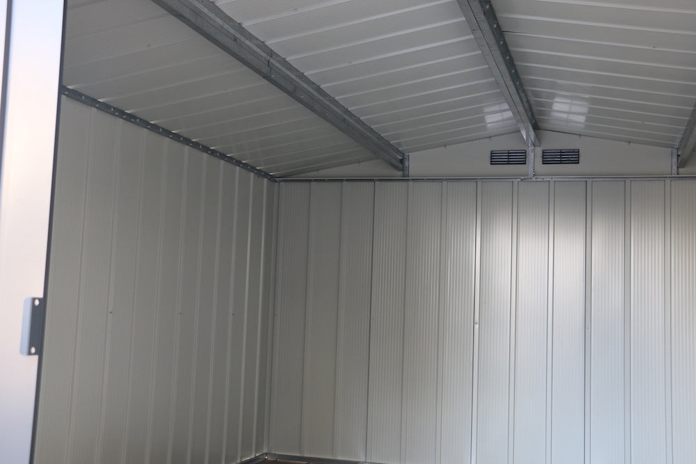 Storage metal shed for patio, 3.12 x 3.54 , interior, with ventilation system.