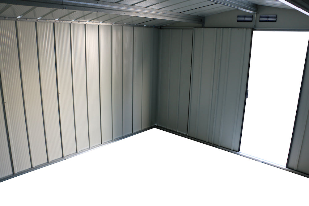 Anthracite storage shed for patio, 3.12 x 3.54 interior, featuring strong metal steel structure.