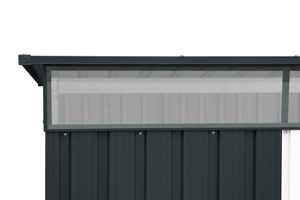 Dark grey metal shed for garden with skylight and pent roof.