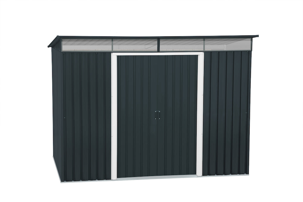 Metal shed for yard with built in skylight for interior light, ideal for storing most gardening tools.