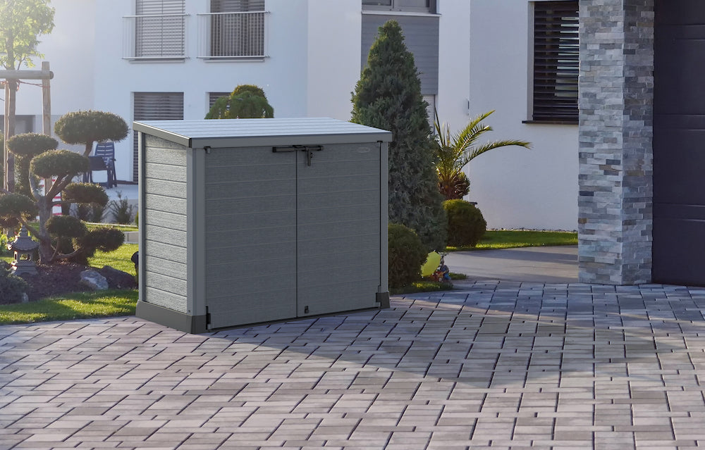 Plastic storage shed for backyard.