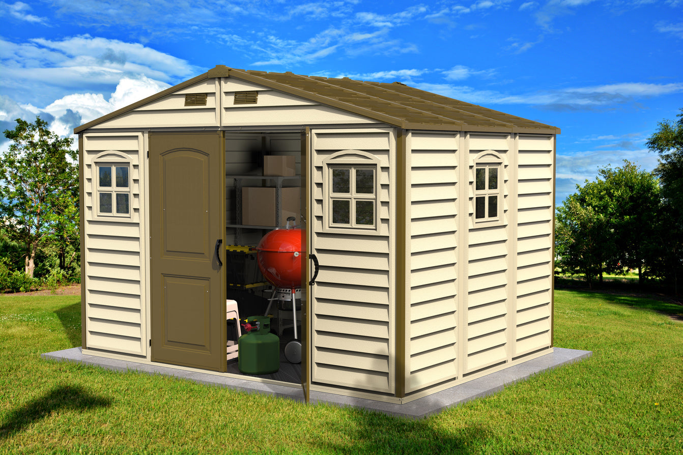 Plastic storage shed, 3.19 x 2.40 m with wall panels made from durable vinyl to avoid rot and dent.