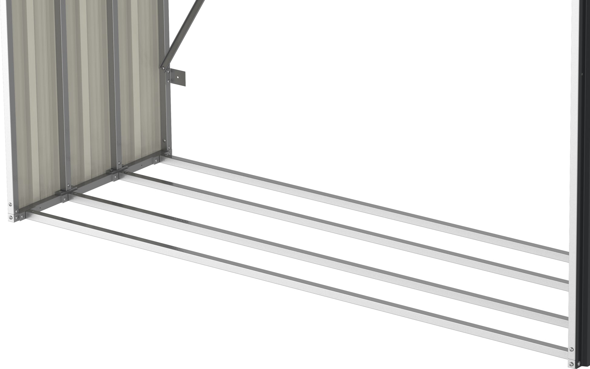 Dark Grey woodstore, floor panels on the ground to keep firewood dry and safe.