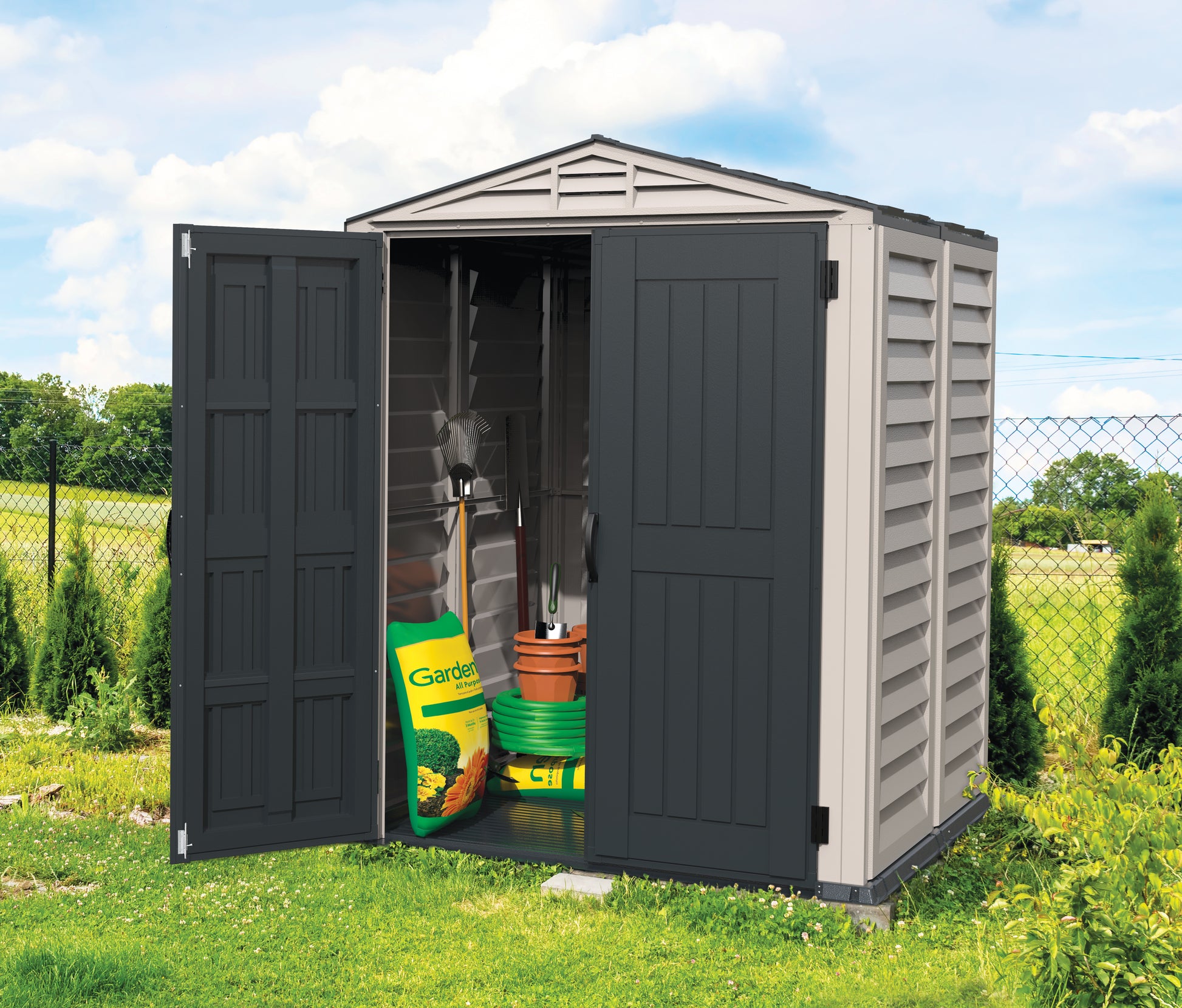 YardMate PLUS, 1.71 x 1.71 m plastic shed, ideal for backyards to store any extra equipment and tools.