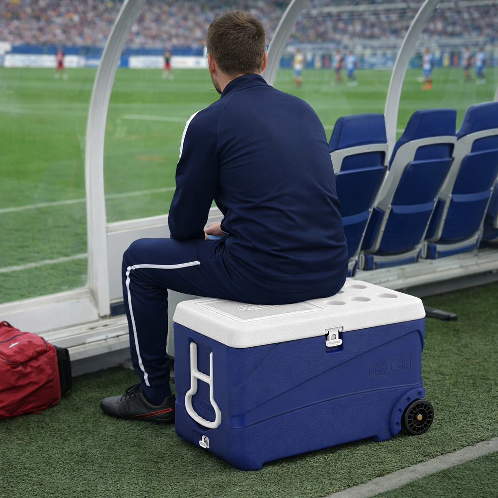 Icebox deluxe duramax in a football field and a man sitting on it.
