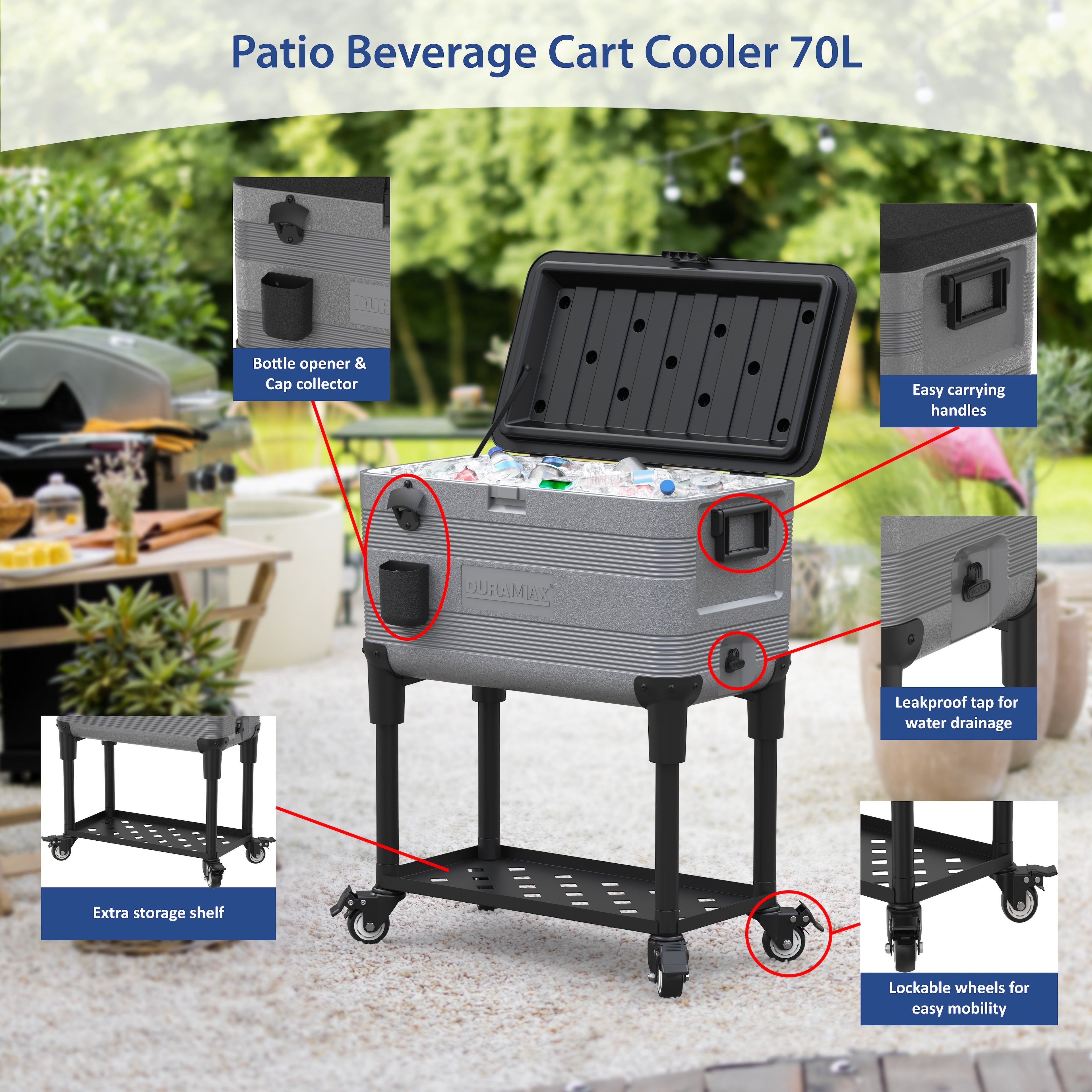 Duramax Patio Beverage Cooler 70L with PU Insulation & Wheels, Grey