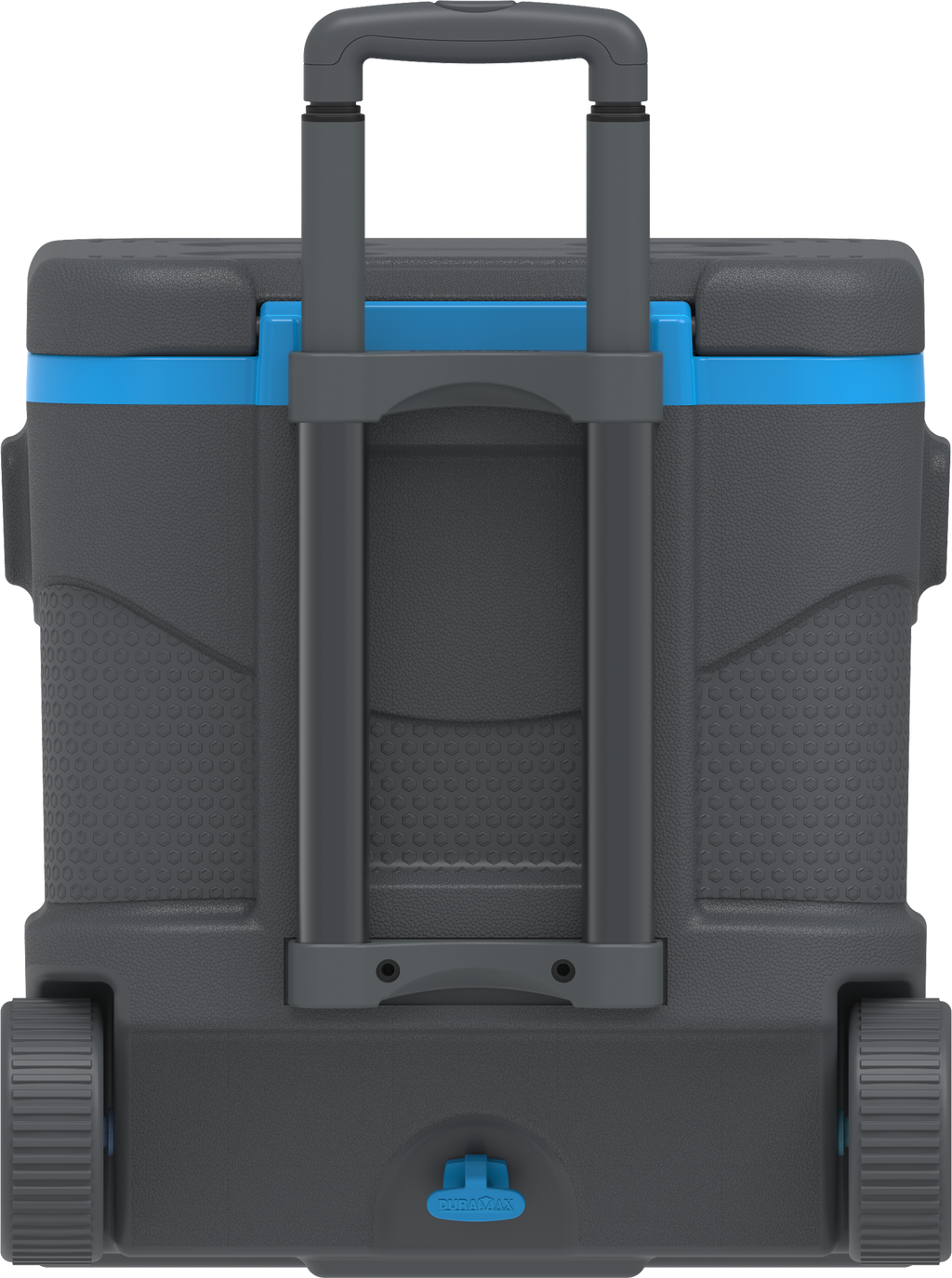 Trolley Icebox in grey and blue with elevated structure to maintain food and drinks cool.