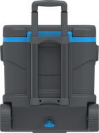 Trolley Icebox in grey and blue with elevated structure to maintain food and drinks cool.