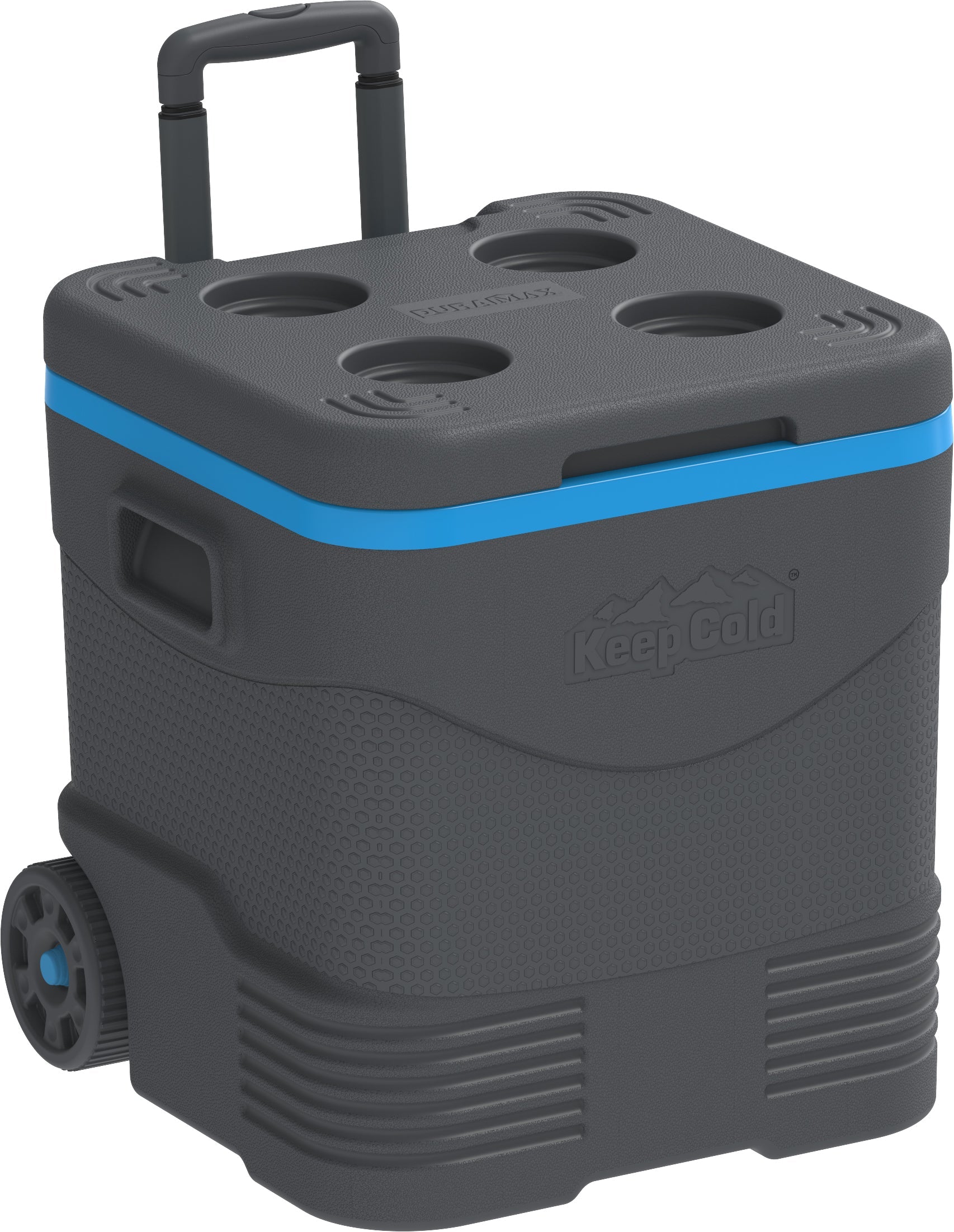 Blue and grey  trolley icebox 45 L features a raised body structure that maintains goods chilled by preventing contact with hot ground. 