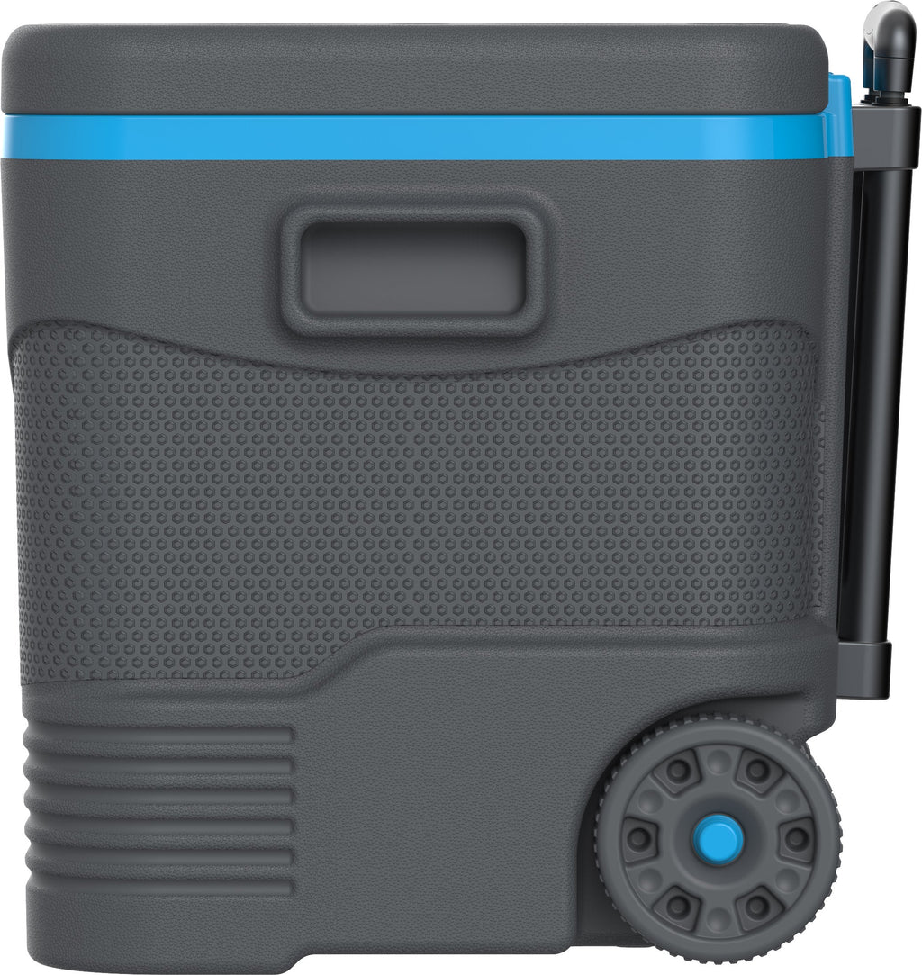 Trolley Icebox, grey and blue with wheels for easy lifting and carrying anywhere.