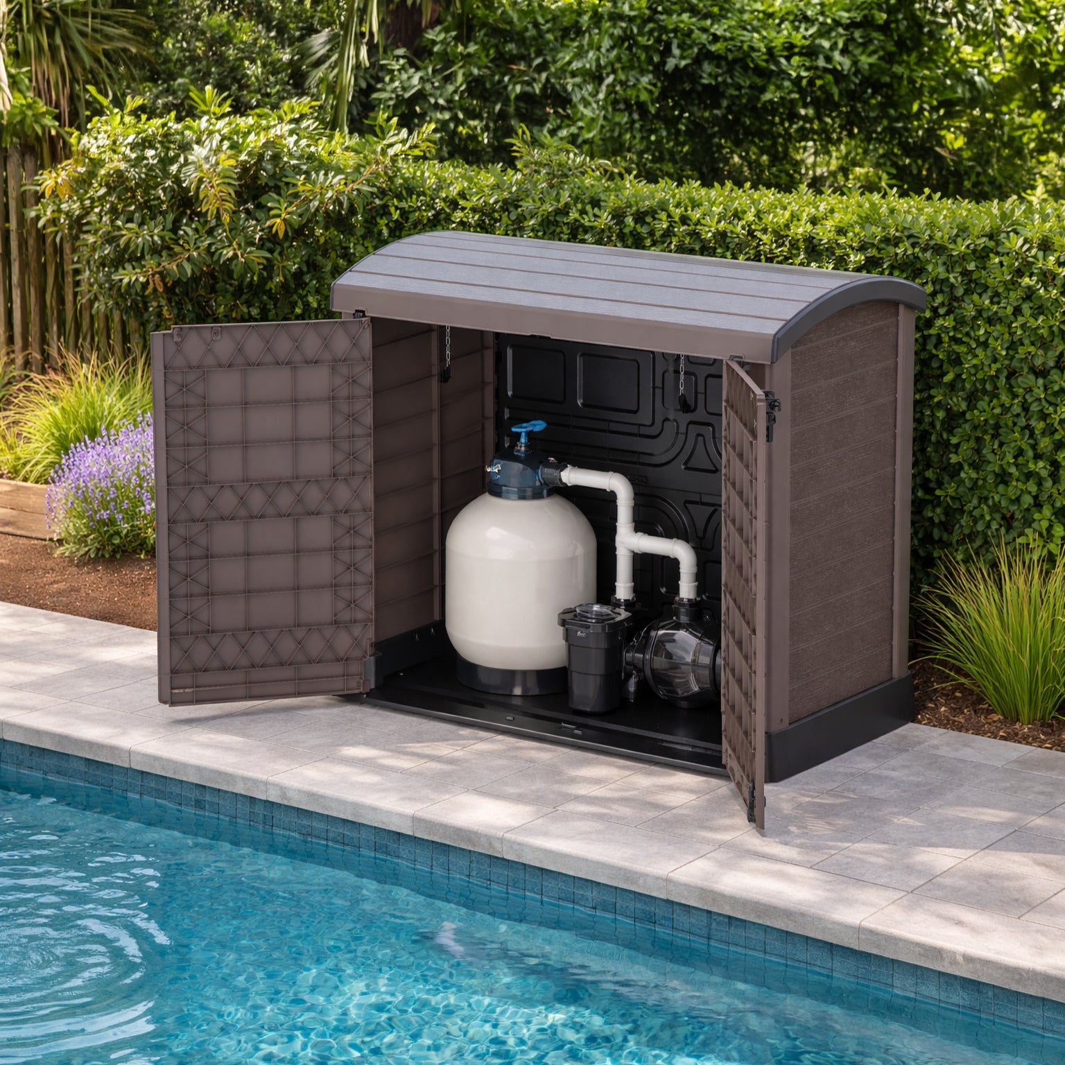 Дурамак СтореАваи 1200Л пластична баштенска шупа за складиштење са лучним поклопцем, орман за смеће, браон