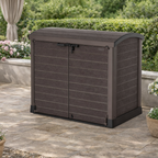 StoreAway 1200L Outdoor storage shed on a patio with plants and furniture in the background