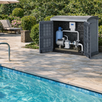 Outdoor pool area with a StoreAway 1200L storage shed for pool equipment and lounge chairs.